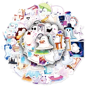 Detailed assortment of cute cartoon ghost stickers with various fun lifestyle activities
