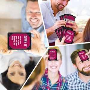Close-up of Drink If party game cards showing social prompts and gameplay scenarios