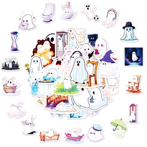 Pack of 50 cute cartoon white ghost stickers with various fun daily life characters