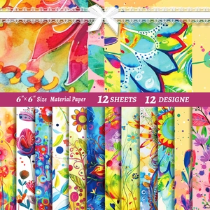 Collage of 12 vibrant 6x6 inch floral and mandala watercolor scrapbooking paper designs
