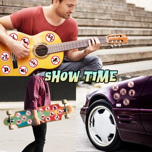 Universal warning stickers applied on a guitar, longboard and car fender for decoration