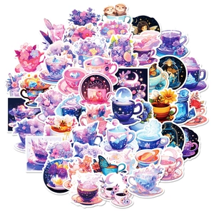 50 pieces of purple cartoon cafe dream stickers for craft and journal decoration