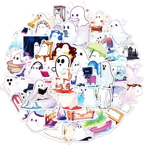 Collection of 50 cartoon white ghost stickers in various lifestyle scenes on white background