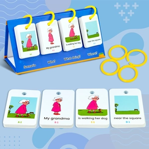 Detail of English sentence building cards with blue stand and yellow binder rings