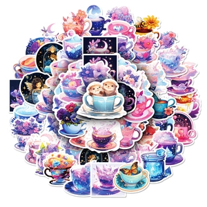 Detail of 50pcs purple cartoon stickers showing animals and flowers in coffee cups