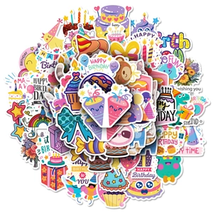 Lot de 50 stickers d'anniversaire colorés en vinyle avec animaux, gâteaux et ballons