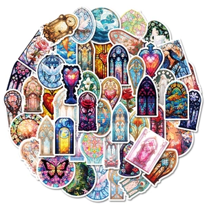 50 pieces of baroque stained glass stickers featuring gothic arches and floral motifs