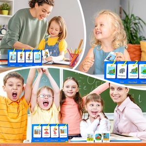 Detailed views of educational English sentence building cards for kids with ring binder base