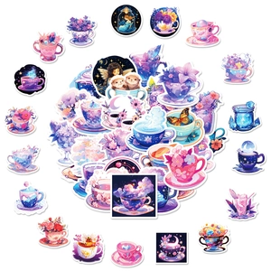 Dreamy purple cartoon fairy stickers with coffee cups and flowers for decoration