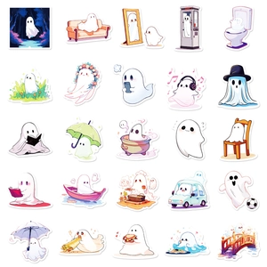 Detailed grid of 25 cute cartoon ghost stickers in various fun lifestyle activities
