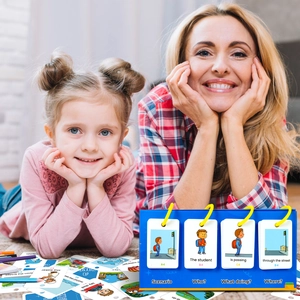 Educational English sentence building cards with blue flip chart for kids learning