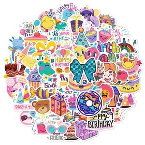 Détails de stickers d'anniversaire étanches avec gâteaux colorés et ballons