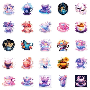 25pcs fairy purple coffee cup stickers with magical floral and starry sky patterns