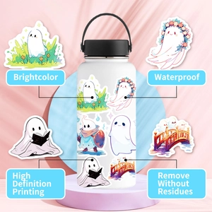 Waterproof white ghost stickers with high definition printing on a stainless steel bottle