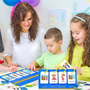 Educational flip cards for English sentence building with illustrated logic categories