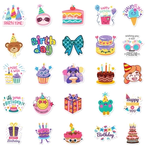Lot de 50 autocollants d'anniversaire colorés avec gâteaux et animaux mignons