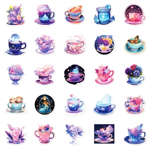Detailed view of 25 fantasy themed purple cartoon stickers featuring dreamy coffee cups