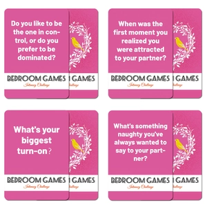 Bedroom Games intimacy challenge cards for couples in romantic pink and white design