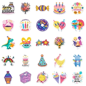 Grille de 25 autocollants d'anniversaire colorés avec gâteaux, ballons et cadeaux variés