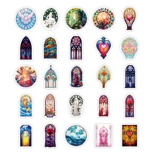 Detail view of 25 unique baroque stained glass window stickers in vibrant colors