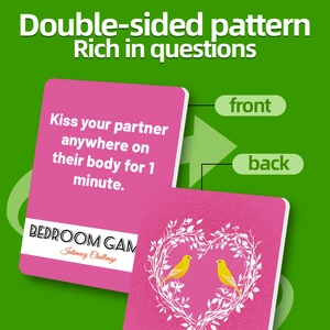 Close-up of double-sided romantic challenge cards with pink heart and bird designs