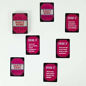 Interactive party drinking game card set in vibrant pink and black packaging box