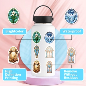 Waterproof Baroque stained glass stickers showing lily and bee patterns on a water bottle