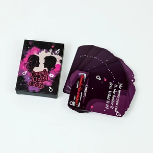 Close-up of Couple Q&A Cards set with heart icons and riddles on purple cardstock