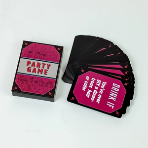 Detailed view of the dark themed party drinking card game set with box and english cards