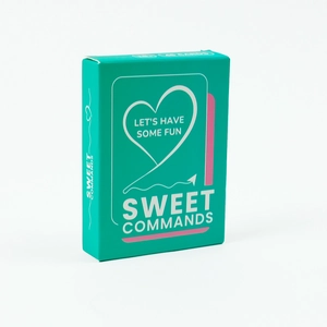 Detail of Sweet Commands box showing 45 cards and 18 plus rating in pink and teal