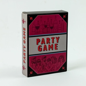 Close-up of a pink party game card box featuring social illustrations for friend gatherings