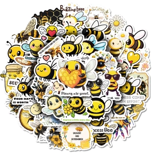 50-piece pack of cute cartoon bee stickers with yellow floral patterns and quotes