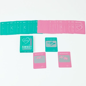 Detail view of 46 pink and green couple game cards with silver scratch-off coating