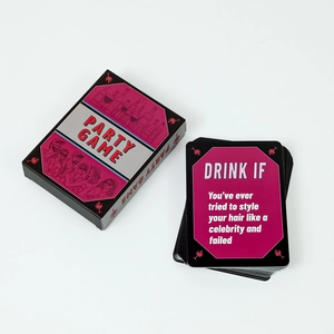 Close-up of English Party Game box and 'Drink If' cards for social gatherings