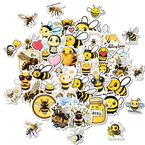 Set of 50 waterproof cartoon bee stickers with yellow honey motifs and floral designs