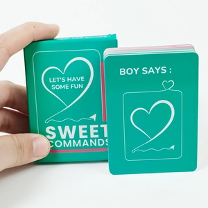 Detail showing 46 Sweet Commands couple game cards and green box with 18 plus rating