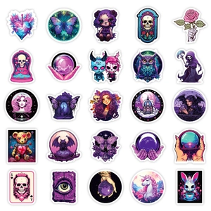 50 pieces of purple gothic skull stickers featuring spooky Halloween themes for DIY decor