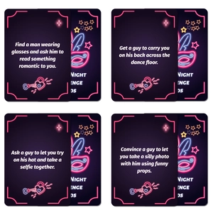 Girls' Night Out party game cards with neon challenge prompts on a purple background