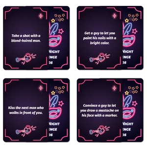 NIGHT CHALLENGE CARDS set with 50 neon-style task cards for girls' night party games