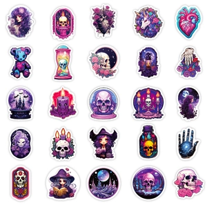 Detailed grid of purple gothic stickers featuring skulls, roses, and magic elements