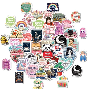 Flat lay of colorful waterproof reading stickers featuring cats, books and pandas