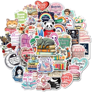 50pcs colorful reading stickers set featuring cute animals and books for laptops and journals