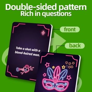 Detailed view of double-sided Girls Night card with neon mask design and fun game tasks