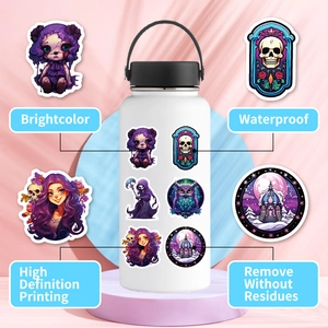 Detail showing waterproof Gothic stickers with purple skull designs on a water bottle