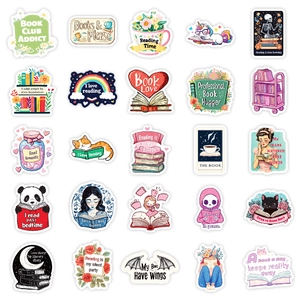 Set of 50 colorful reading-themed stickers featuring books and cute cartoon designs