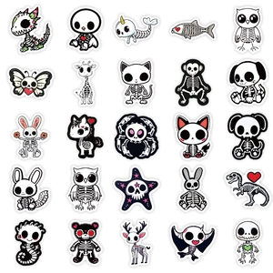 Close-up of 25 cute gothic kawaii animal skeleton stickers in a 5x5 grid layout