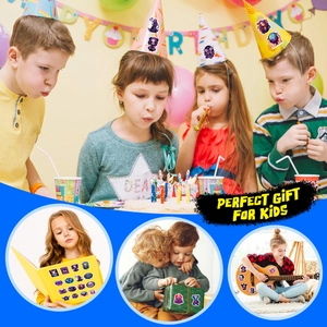 Gothic skull stickers shown on party hats, gift boxes, and guitars for DIY decoration
