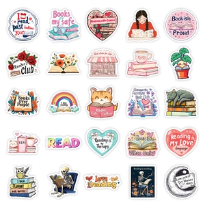 Detailed view of aesthetic book theme stickers with reading quotes and cat illustrations