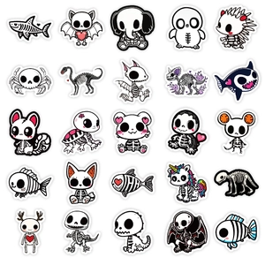Detailed grid of 25 cute black and white cartoon animal skull stickers for DIY crafts