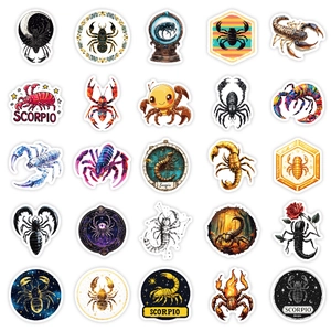 Macro display of 25 unique Scorpio constellation stickers in diverse artistic styles